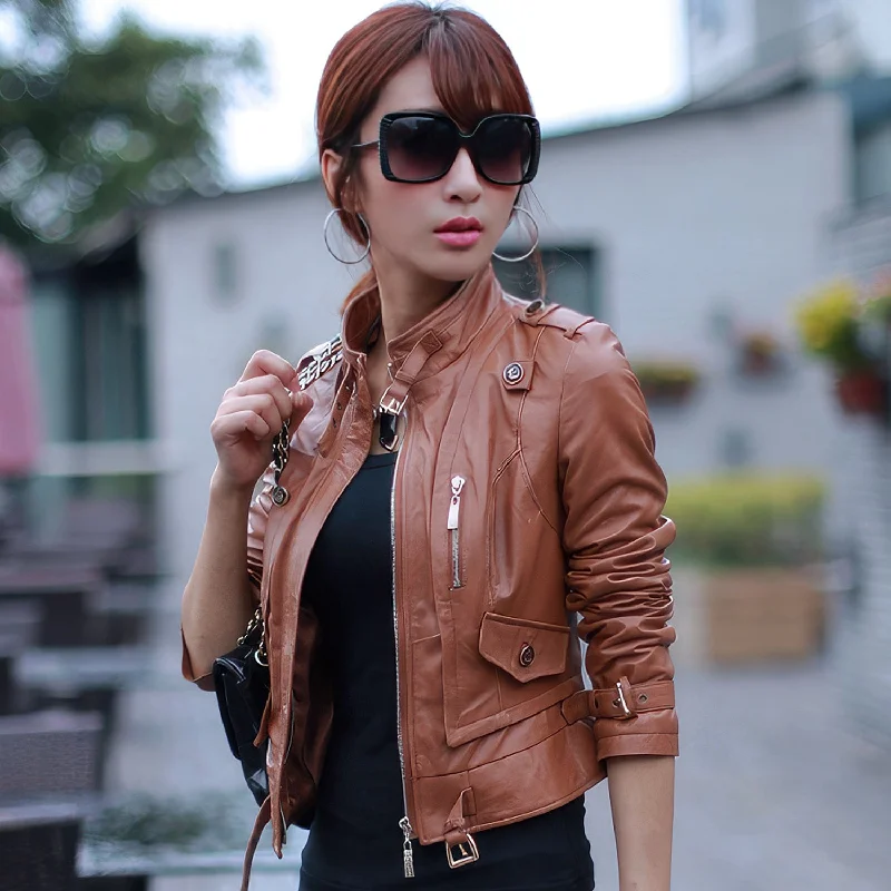 Women’s Brown Genuine Sheepskin Stand Collar Casual Motorcycle Racer Zip-Up Slim Fit Retro Biker Classic Smooth Leather Jacket Fleece Jacket Down Jacket Feather Jacket