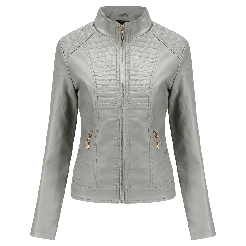 Women’s Grey Biker Genuine Sheepskin Stand Collar Quilted Fashionable Outfit Motorcycle Café Racer Leather Jacket Striped Jacket Polka Dot Jacket Floral Jacket