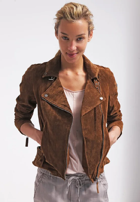 Women’s Tan Brown Suede Leather Biker Jacket Zip Front Button Front Snap Front