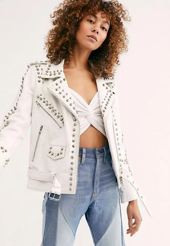 Women’s White Leather Biker Punk Jacket Collared Jacket Crew Neck Jacket Turtle Neck Jacket