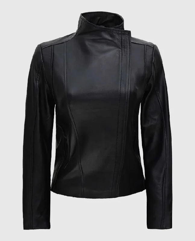 Women's Arezzo Black Flap Closure Leather Jacket Collared Jacket Crew Neck Jacket Turtle Neck Jacket