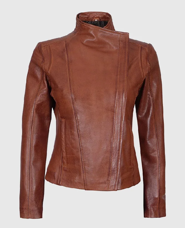 Women's Arezzo Cognac Cafe Racer Leather Jacket Boat Neck Shawl Collar Notched Collar