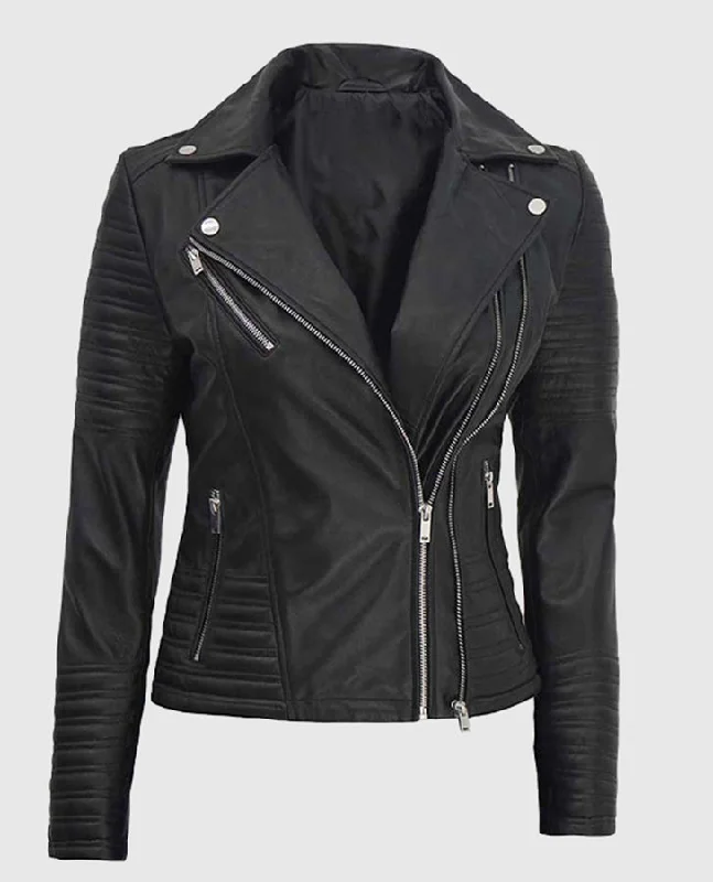 Women's Asymmetrical Quilted Black Biker Leather Jacket Zip Front Button Front Snap Front