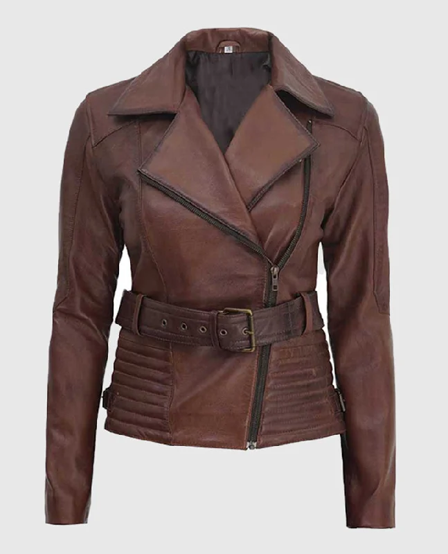 Women's Asymmetrical Quilted Brown Biker Leather Jacket Front Pockets Side Pockets Patch Pockets