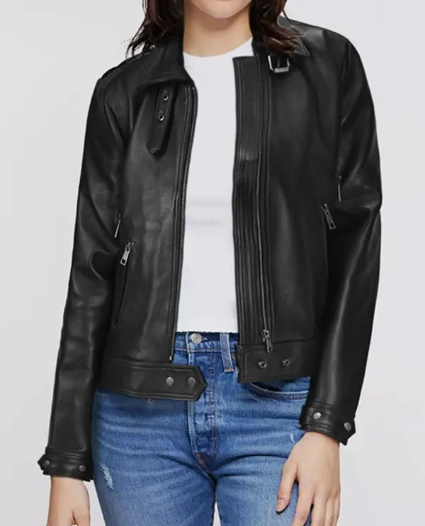 Women's Black Moto Leather Jackets Toggled Jacket Drawstring Jacket Belted Jacket