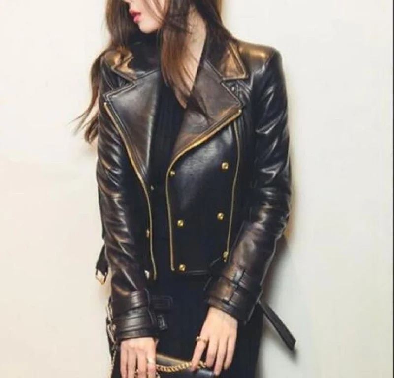 Women's Black Moto Style Genuine Sheep Leather Slim fit Jacket Asymmetric Zip Fitted Jacket Loose Jacket Oversized Jacket