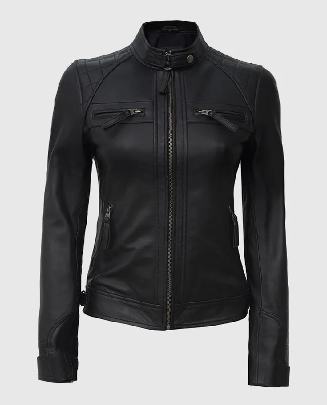 Women's Black Quilted Cafe Racer Leather Jacket Fitted Jacket Loose Jacket Oversized Jacket