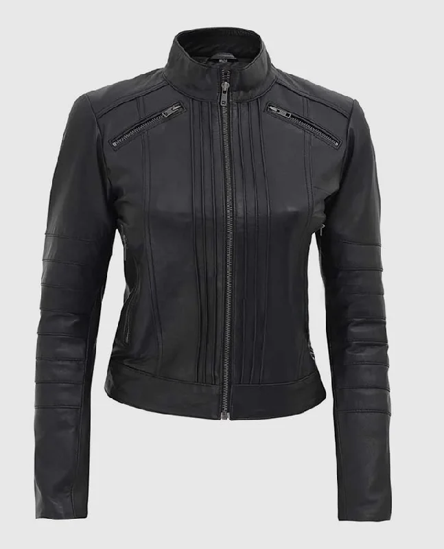 Women's Black Leather Cafe Racer Jacket with Decorated Seams Bomber Jacket Anorak Windbreaker