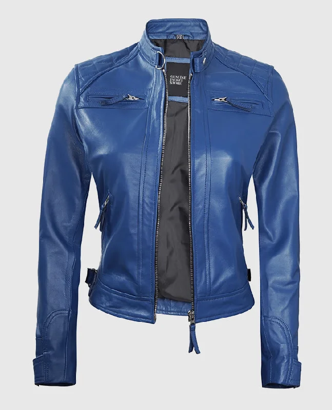 Women's Blue Diamond Cafe Racer Leather Jacket Cotton Fabric Linen Fabric Terry Fabric