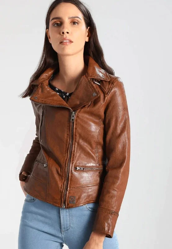 Women’s Brown Leather Biker Jacket Welt Pockets Slit Pockets Flap Pockets