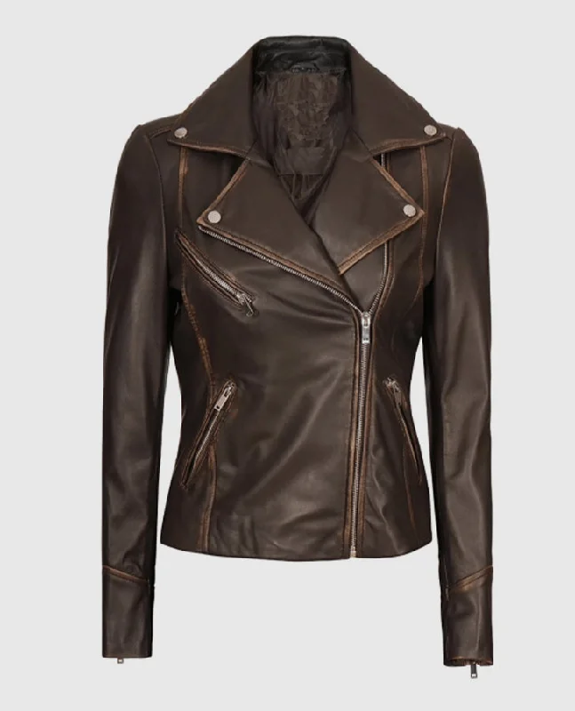 Women's Brown Rub-off Vintage Leather Biker Jacket Herringbone Jacket Checkered Jacket Solid Jacket