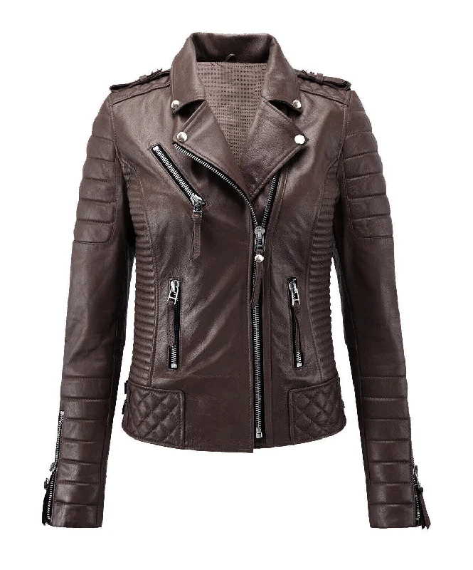 Women's Chocolate Brown Kay Michael Biker Zipper Leather Jacket Faux Fur Jacket Real Fur Jacket Shearling Jacket