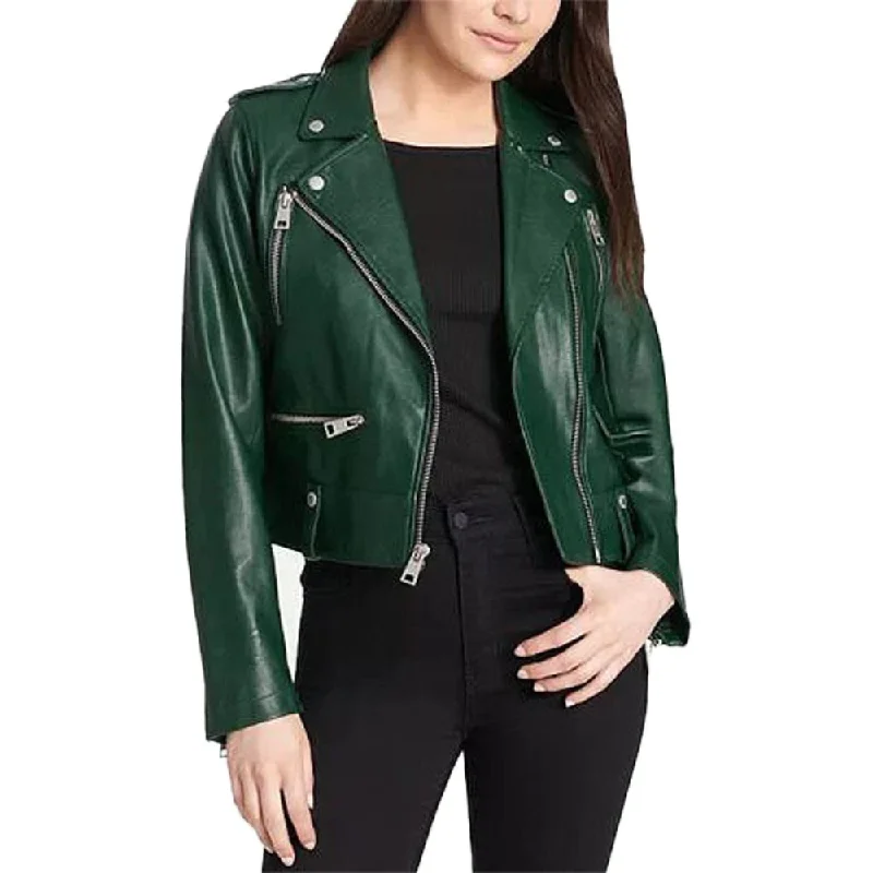 Women's Emerald Green Leather Moto Jacket Chenille Jacket Brocade Jacket Lace Jacket