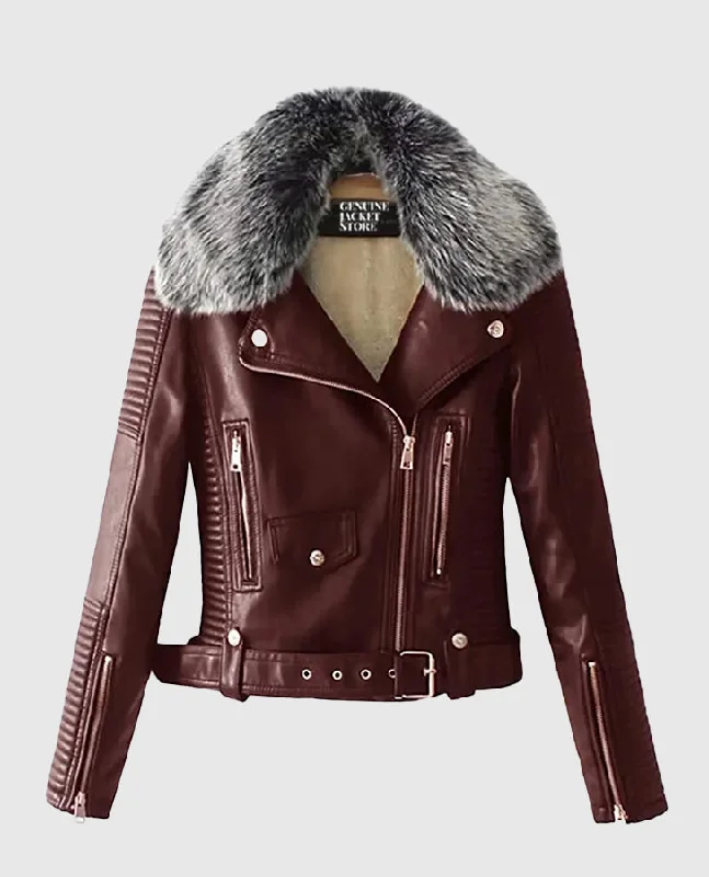 Women's Faux Fur Quilted Moto Maroon Jacket Satin Fabric Silk Fabric Chiffon Fabric