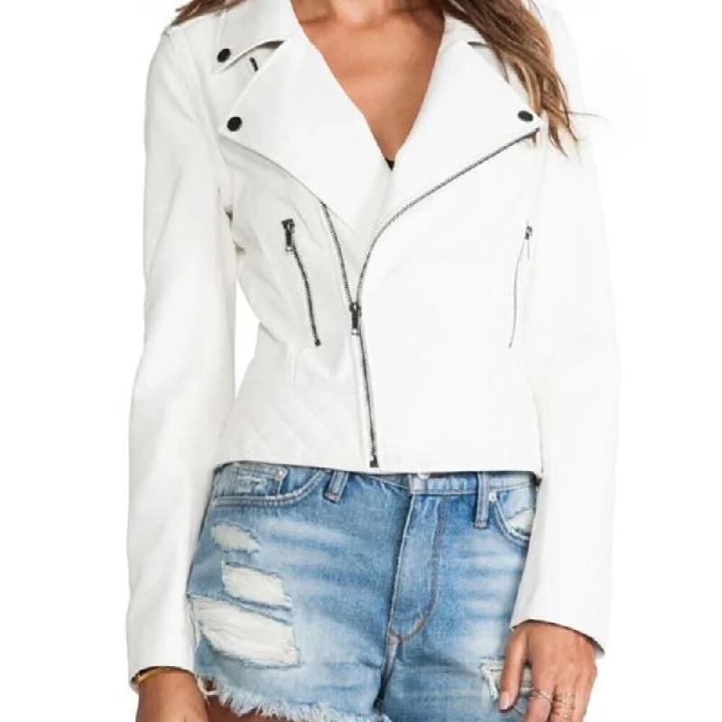 Women's Slim Fit Biker Lambskin White Leather Jacket Notch Collar Peter Pan Collar Cowl Neck