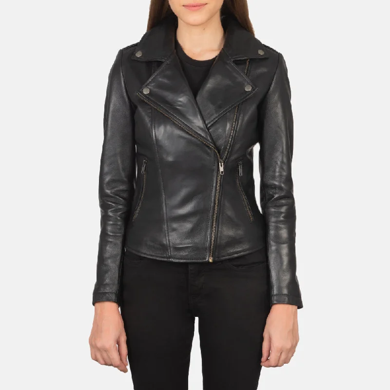 Women's Flashback Biker Black Leather Jacket Welt Pockets Slit Pockets Flap Pockets