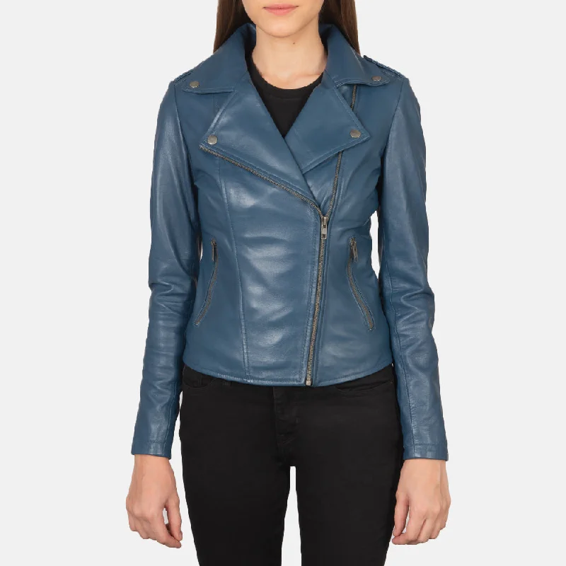 Women's Flashback Blue Leather Biker Jacket Print Jacket Jacquard Jacket Embroidered Jacket