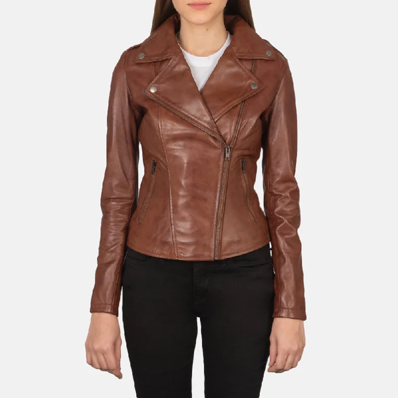 Women's Flashback  Vintage Brown Waxed Biker Leather Jacket Knit Jacket Woven Jacket Fleece Jacket