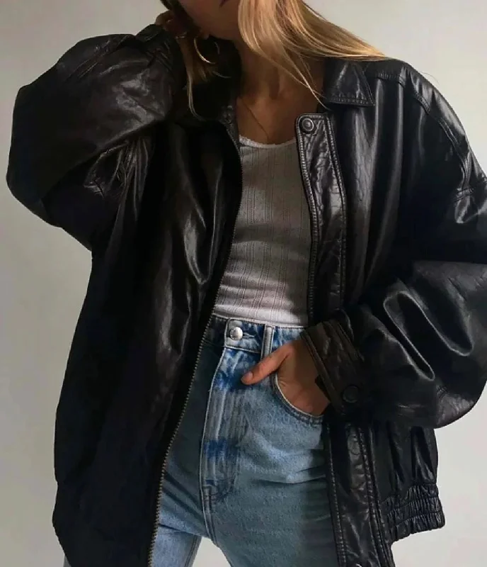 Women's Handmade Oversize Real Leather Black Bomber Jacket Jersey Jacket Tulle Jacket Batik Jacket