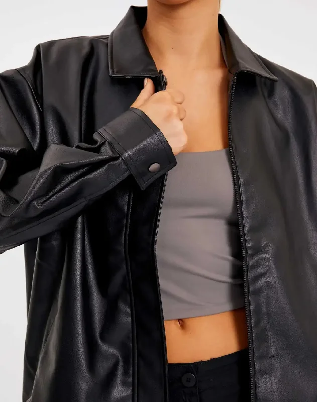 Women's Handmade Oversize Real Leather Black Bomber Jacket One-Shoulder Jacket Off-the-Shoulder Jacket Asymmetrical Jacket