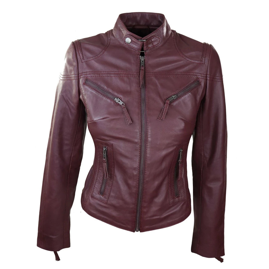 Women's Leather Fitted Biker Burgundy Jacket Appliqued Jacket Beaded Jacket Sequined Jacket