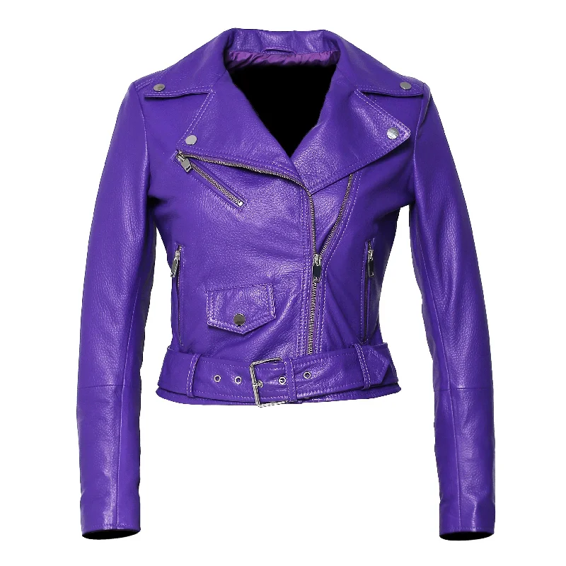 Womens Moto Nappa in Deerskin Emboss Print Purple Leather Jacket Cotton Jacket Linen Jacket Terry Jacket