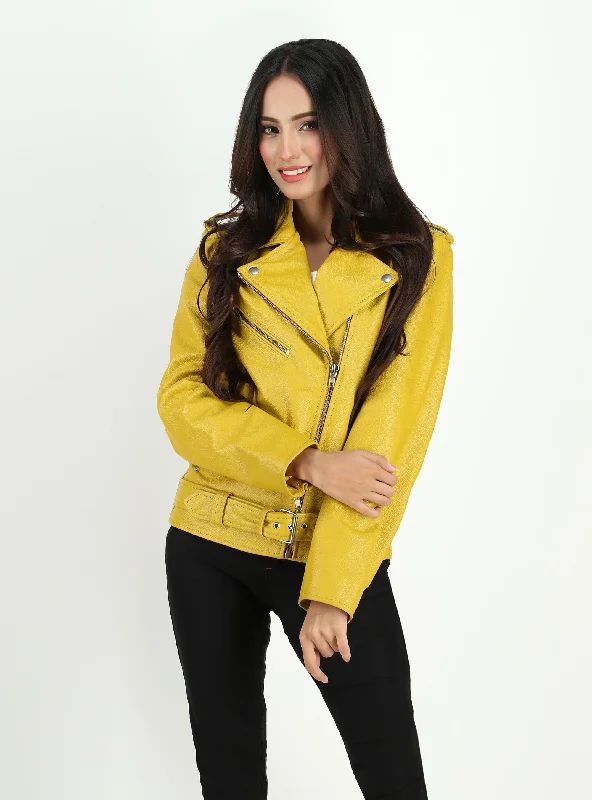 Women's  Moto Style Cowhide Yellow Leather Jacket Mesh Jacket Canvas Jacket Denim Jacket