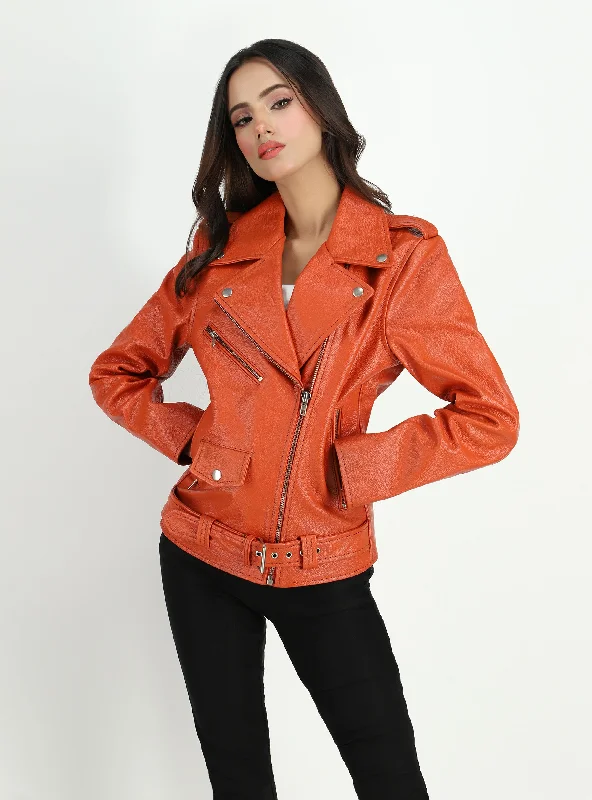 Women's  Moto Style Cowhide Orange Leather Jacket Knit Fabric Woven Fabric Fleece Fabric