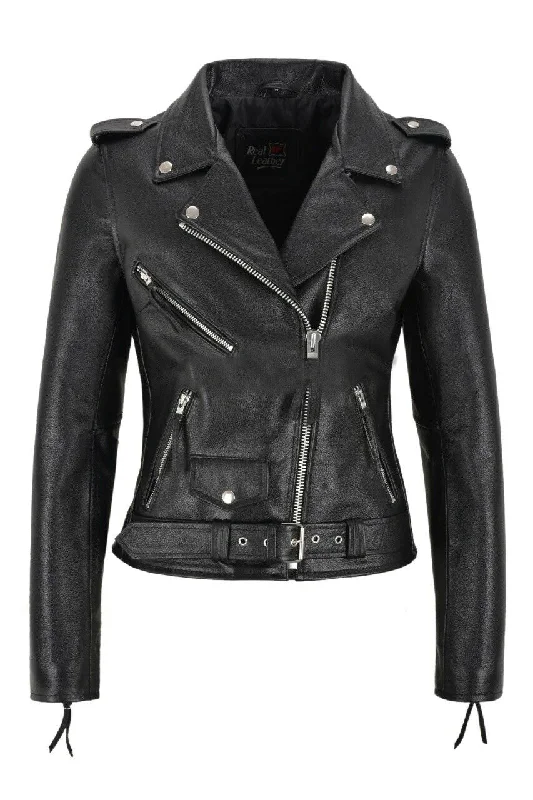 WOMENS NATURAL COWHIDE LEATHER MOTORBIKE BIKER BLACK SLIM FIT JACKET Zippered Jacket Buttoned Jacket Snapped Jacket