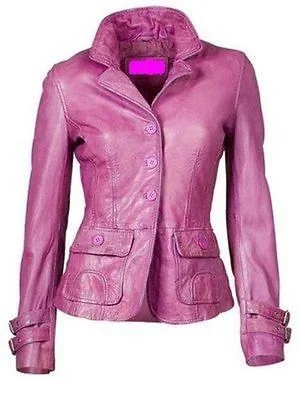 Women's Pink Leather FOUR Button Closure Jacket WJ041 Jacket Blazer Coat