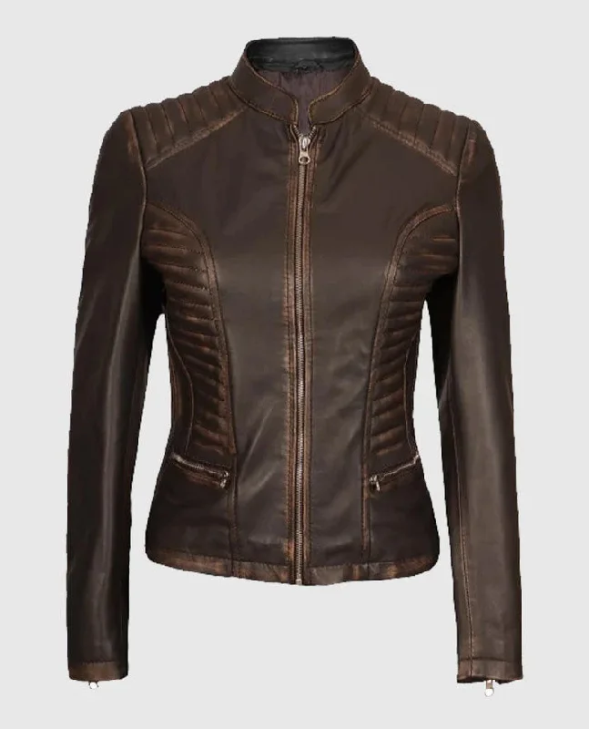 Women's Rachel Dark Brown Rub-off Cafe Racer Leather Jacket Corduroy Jacket Velvet Jacket Brocade Jacket