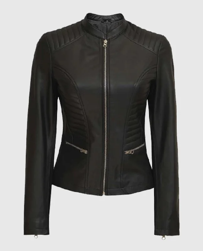 Women's Rachel Petite Black Cafe Racer Leather Jacket Nylon Fabric Polyester Fabric Spandex Fabric