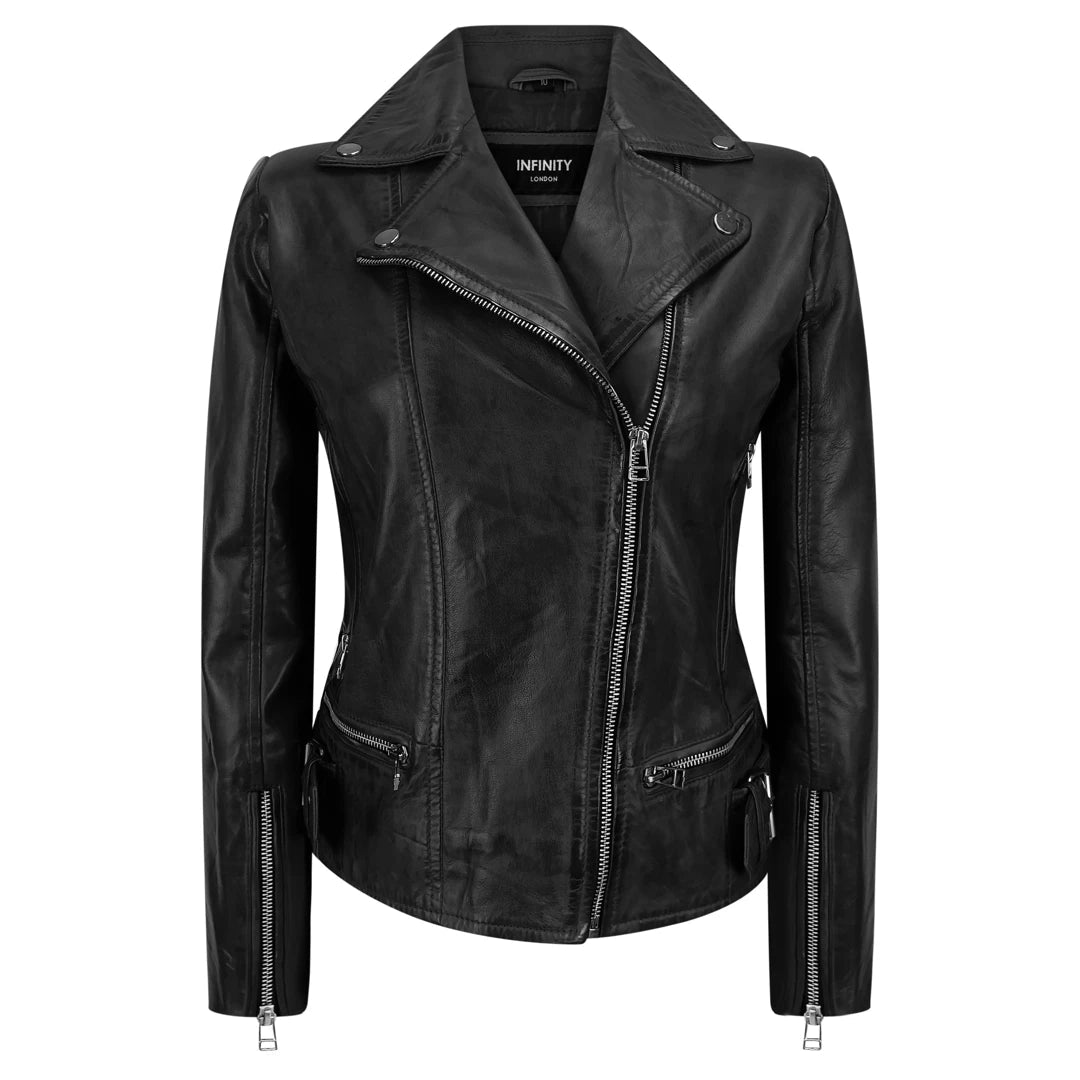 Women's Leather Black Biker Jacket Satin Fabric Silk Fabric Chiffon Fabric