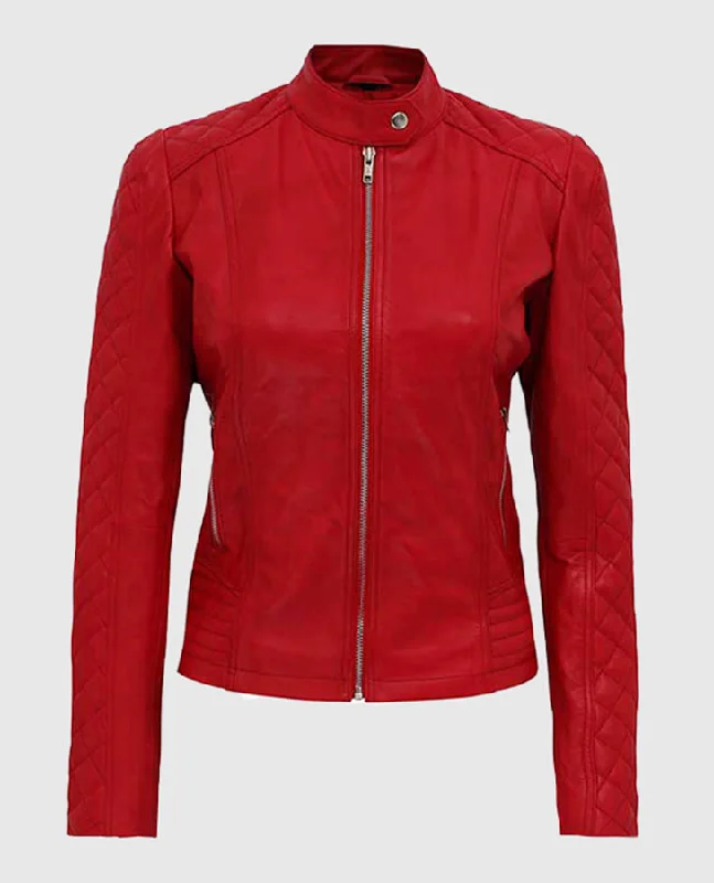 Women's Red Quilted Biker Leather Jacket One-Shoulder Jacket Off-the-Shoulder Jacket Asymmetrical Jacket