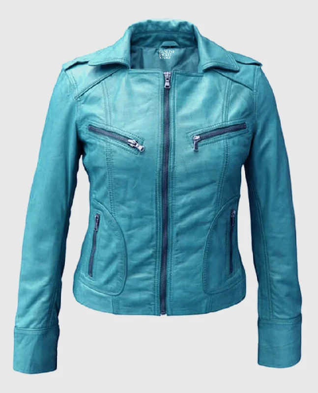 Women's Sapphire Blue Leather Jacket Front Pockets Side Pockets Patch Pockets