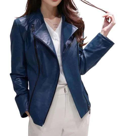 Womens Skye Genuine Lambskin Biker Leather Jacket Boat Neck Shawl Collar Notched Collar