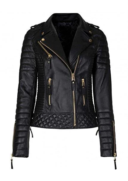 Women's Slim Fit Biker Black Genuine Leather Jacket Herringbone Jacket Checkered Jacket Solid Jacket