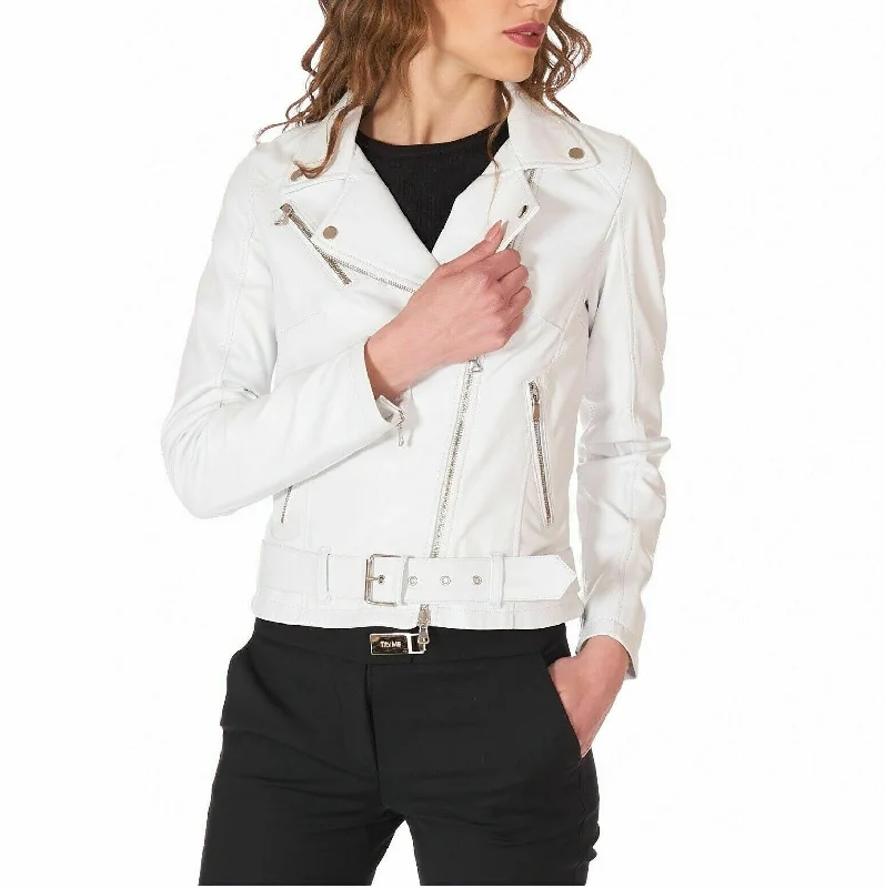 Women's Slim Fit Lambskin Biker Belted White Leather Jacket Herringbone Jacket Checkered Jacket Solid Jacket