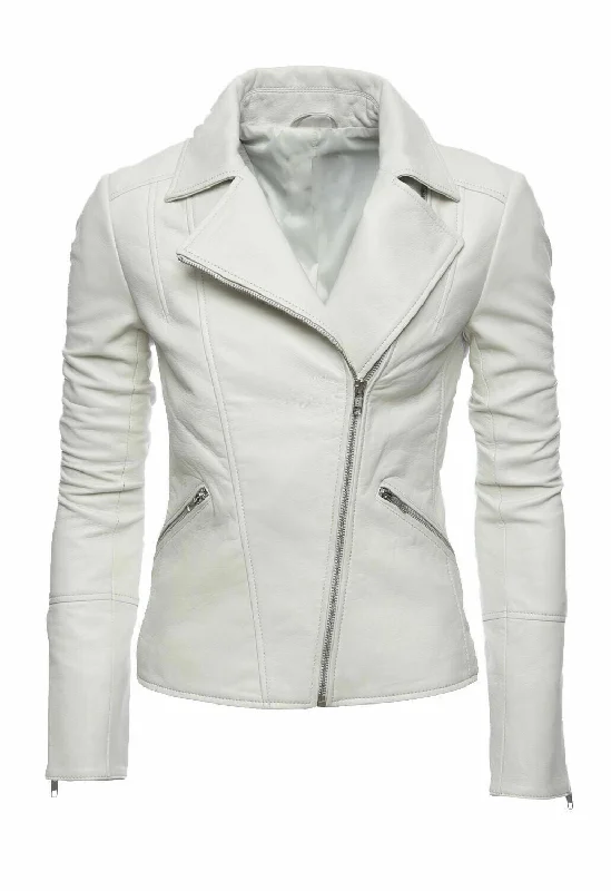 Women's Slim Fit Lambskin Biker White Leather Jacket Zip Front Button Front Snap Front