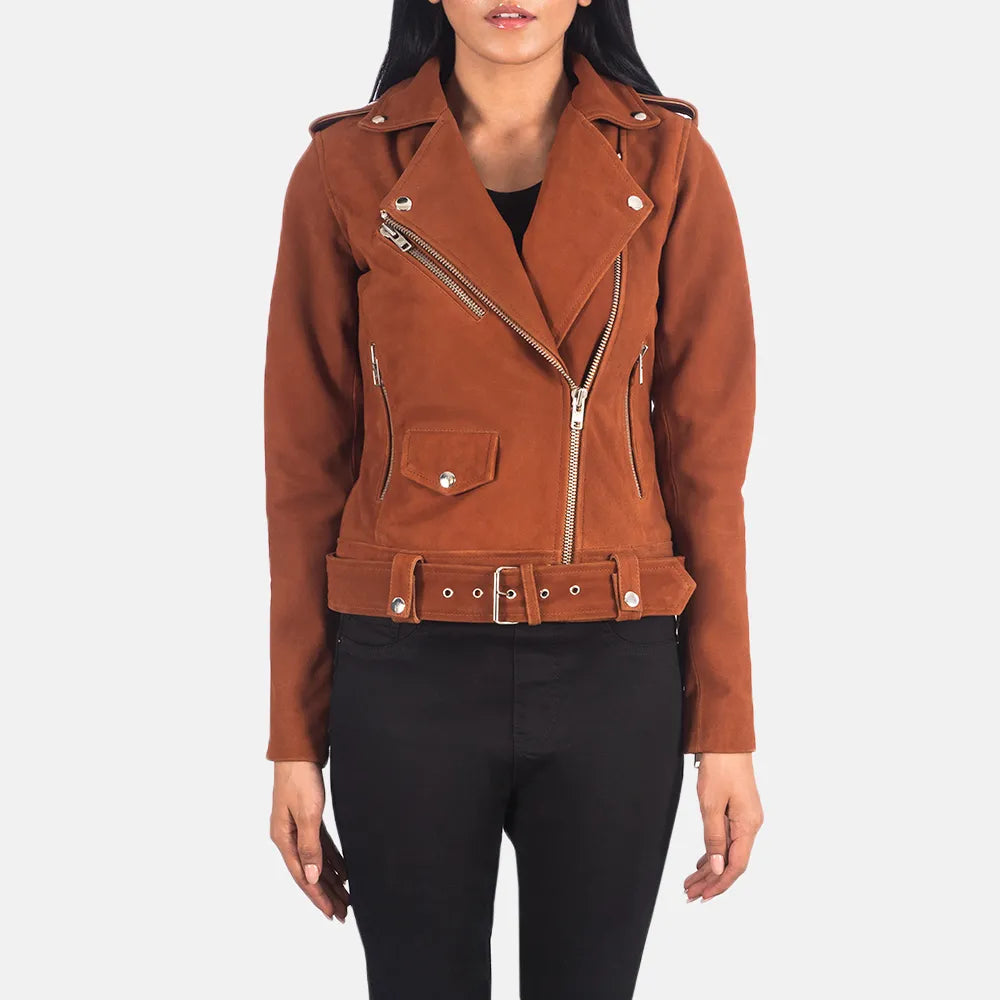 Women's Suede Moto Jacket in Brown One-Shoulder Jacket Off-the-Shoulder Jacket Asymmetrical Jacket