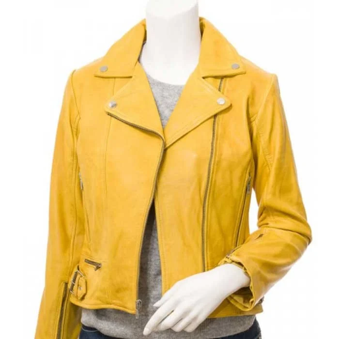 Womens Yellow Leather Biker Jacket Fleece Jacket Down Jacket Parka