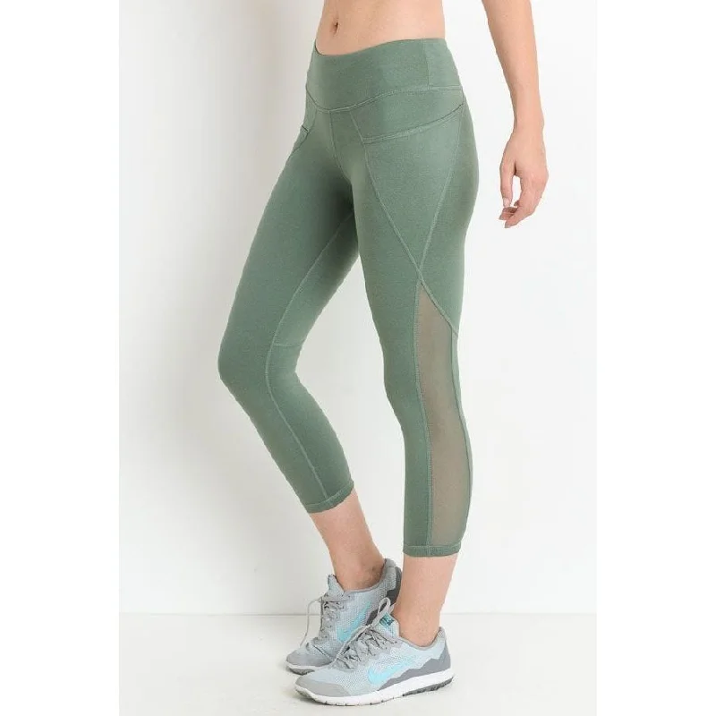 Mesh Overlay Pocket Capri Leggings Stylish Side-Stripe Leggings