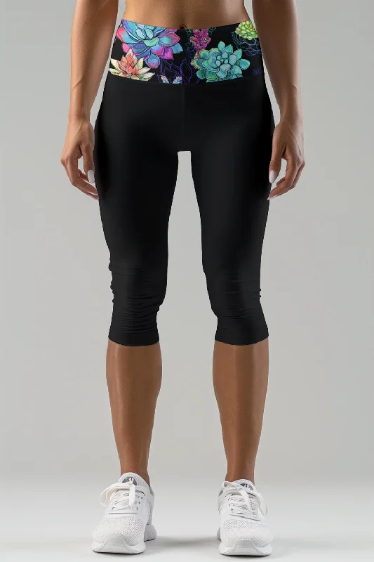 Bali Black Ellie Printed Waistband Yoga Capri Leggings - Women Fashionable High-Rise Workout Leggings