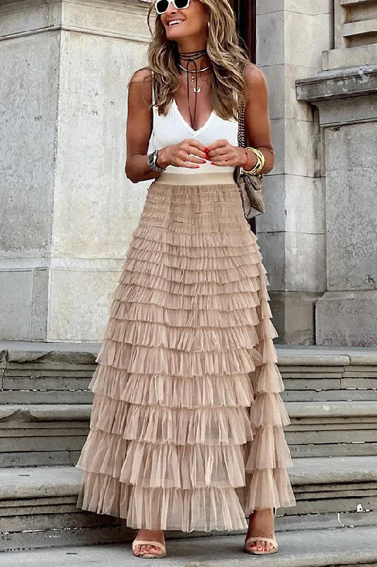 Be Your Own City Queen Tiered Elastic Waist Tulle Maxi Skirt corduroy skirt cozy