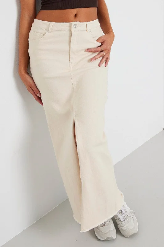 Beige Denim Skirt Maxi Front Split denim skirt casual