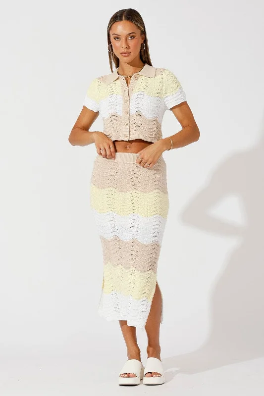 Beige Stripe Knit Skirt Midi Crochet silk skirt elegant