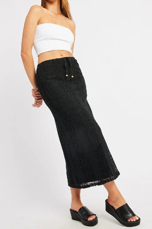 Black Crochet Maxi Skirt High Rise Relaxed Lined silk skirt lustrous