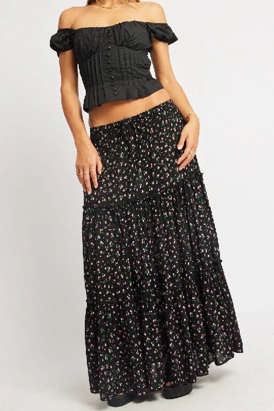 Black Ditsy Maxi Skirt Tiered High Rise Elastic Waistband lace skirt romantic
