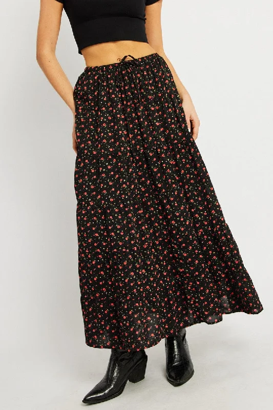 Black Ditsy Maxi Skirt Tiered High Rise denim skirt stylish