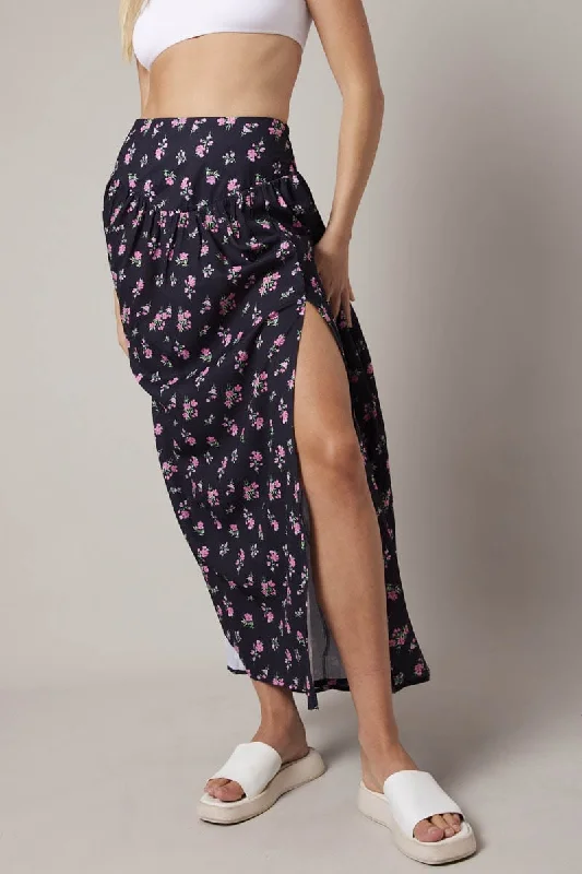 Black Floral Maxi Skirt Bouquet Ditsy Side Split Skirt leather skirt sleek